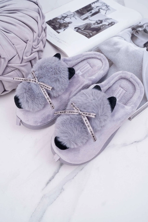 Papcie Damskie Z Futerkiem Kotek Szare Kitty