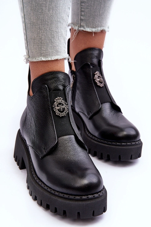 Damskie Skórzane Botki Z Ozdobą Czarne Lemar Lusanna