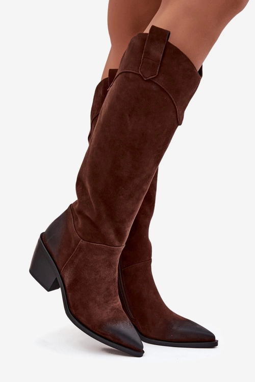 Kozaki Kowbojki Damskie Na Obcasie Z Naturalnego Zamszu Artiker 57C0230 Brązowe