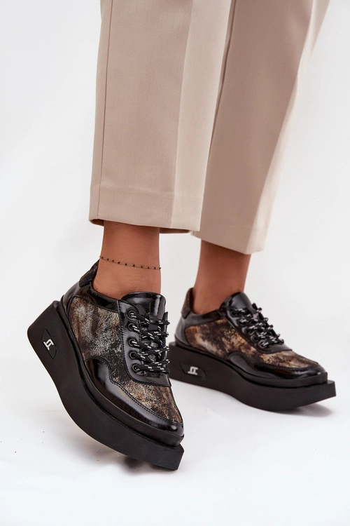 Skórzane Sznurowane Półbuty Damskie Na Platformie Artiker 57C2042 Czarno-Złote