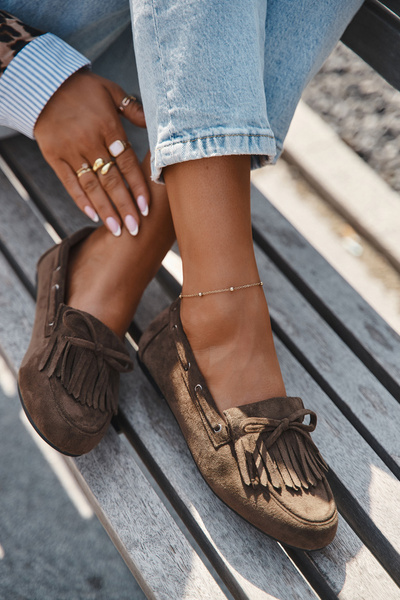 Mokasyny Damskie Z Frędzlami I Kokardką Ciemnozielone Olivianne