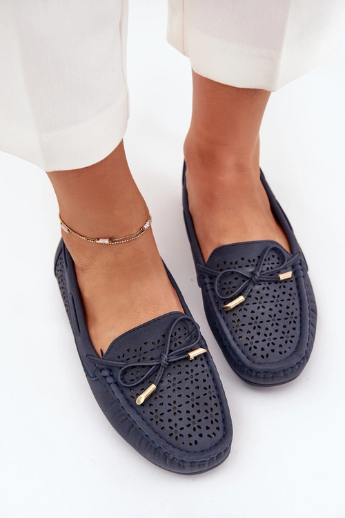 Mokasyny Damskie Z Ażurowym Wzorem I Wiązaniem Granatowe Mirisa