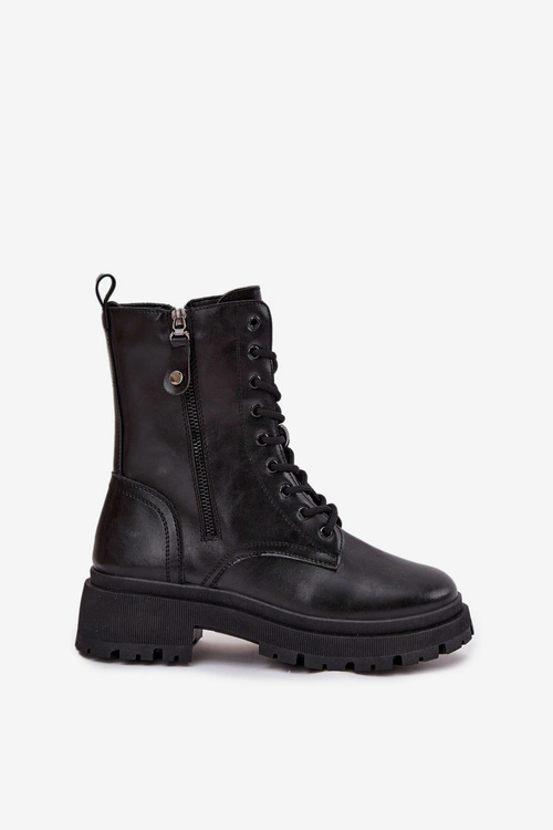 Botki Workery Damskie Ocieplane Z Podwójnym Zamkiem Czarne Perlina