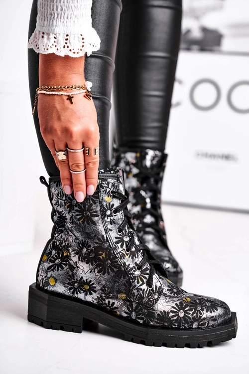 Botki Damskie Skórzane Trzewiki Maciejka Kwiaty 04869-38