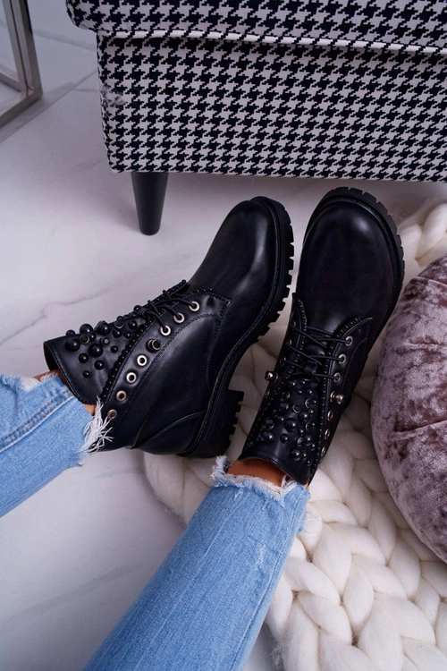 Damskie Botki Z Perełkami Ciepłe Czarne Memer