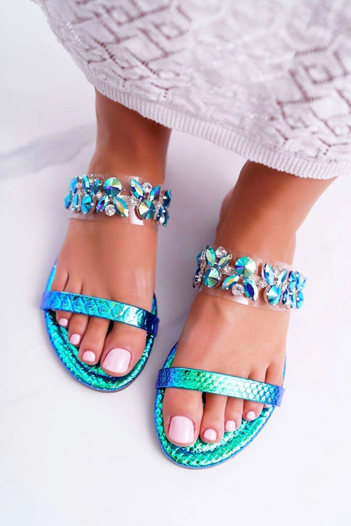 Damskie Klapki Lu Boo Eleganckie Z Cyrkoniami Niebieskie Elementary