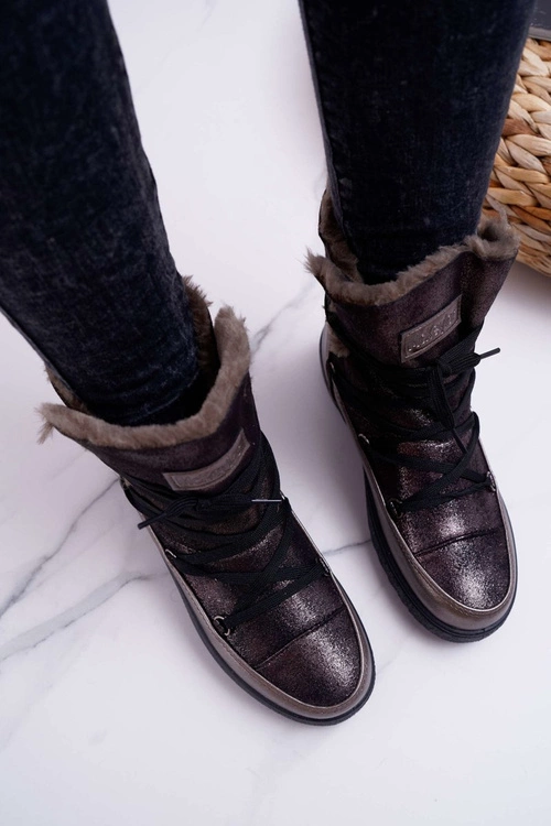 Damskie Botki Śniegowce Ocieplane Futerkiem Ciemnoszare Fereni