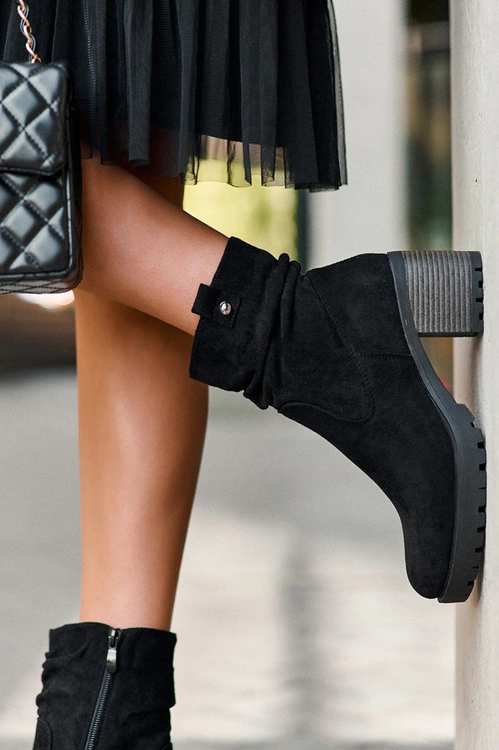 Marszczone Zamszowe Botki Czarne Melseo