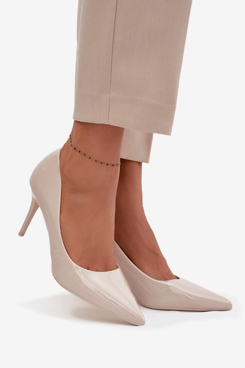 Lakierowane Eko Skórzane Szpilki Damskie Ze Szpiczastymi Noskami Jasnobeżowe Jadira