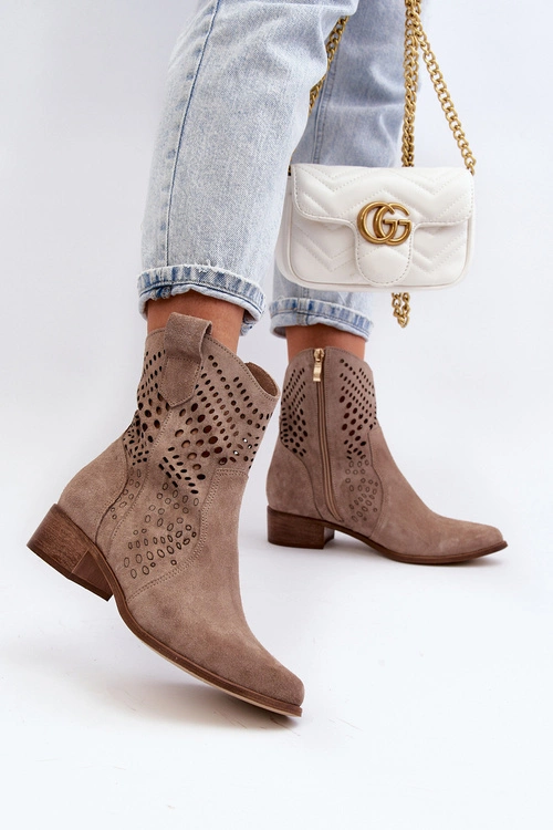 Zazoo 3305 Damskie Ażurowe Botki Kowbojki Na Niskim Obcasie Zamszowe Cappucino