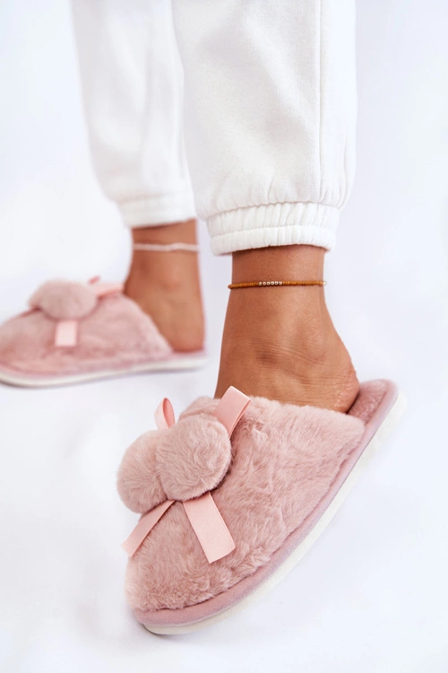 Damskie Futrzane Papcie Z Pomponami Różowe Castello