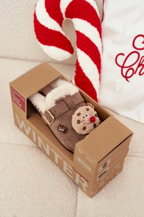 Kapcie Damskie Z Ozdobami I Klamrą Ocieplane Futerkiem Brązowe Thalora