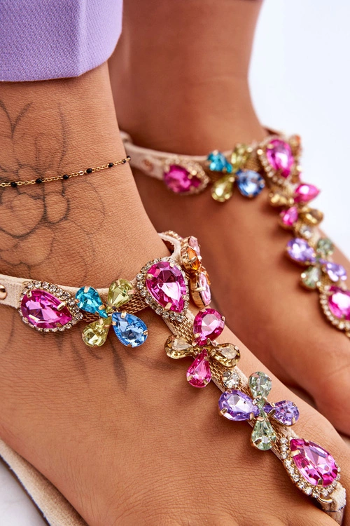 Zamszowe Sandały Japonki Z Kamieniami Beżowe Frency