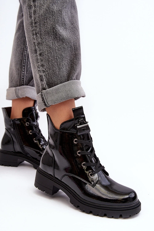 Lakierowane Botki Damskie Na Suwak S.Barski HY93-91 Czarne