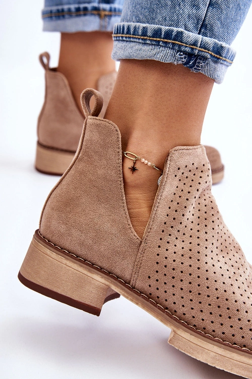 Zamszowe Ażurowe Botki Na Płaskim Obcasie Ciemnobeżowe Angie