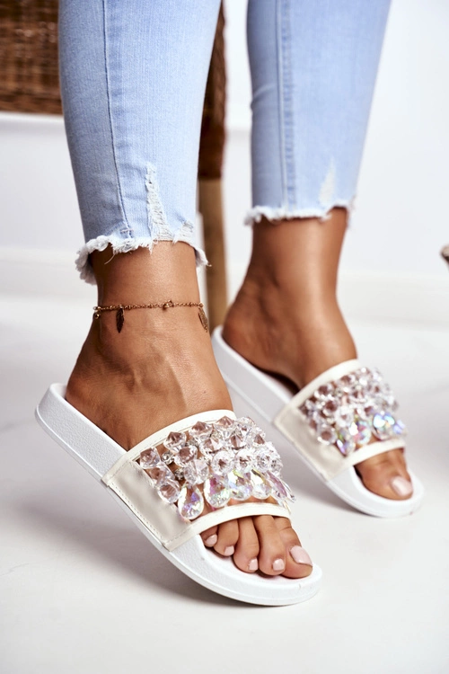 Damskie Klapki Lu Boo Kryształki Białe Bobbi