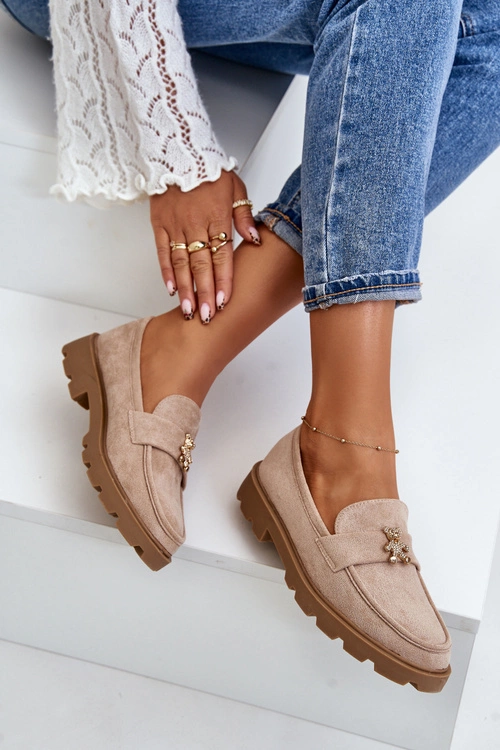 Eko Zamszowe Damskie Mokasyny Z Misiem Beżowe Kaithra