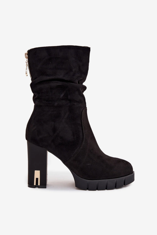 Ocieplane Botki Damskie Na Słupku Ze Złotym Zamkiem I Marszczeniem Czarne Briannae