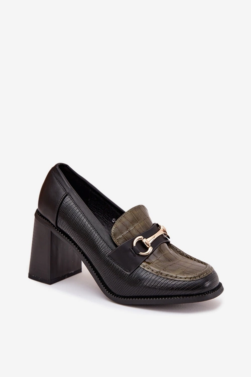 Półbuty Damskie Na Słupku Z Tłoczeniem I Złotym Detalem Zielono-Czarne Novella