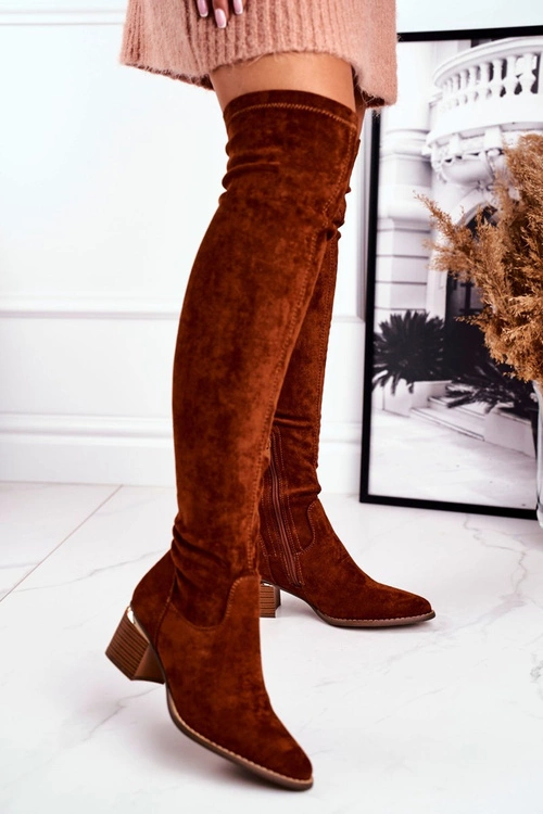 Kozaki Damskie Do Kolana Eko-Zamsz Camel Indigo