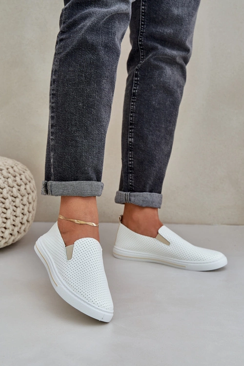 Wsuwane Eko Skórzane Damskie Tenisówki Trampki Z Napisem Jasnobeżowe Zalinne