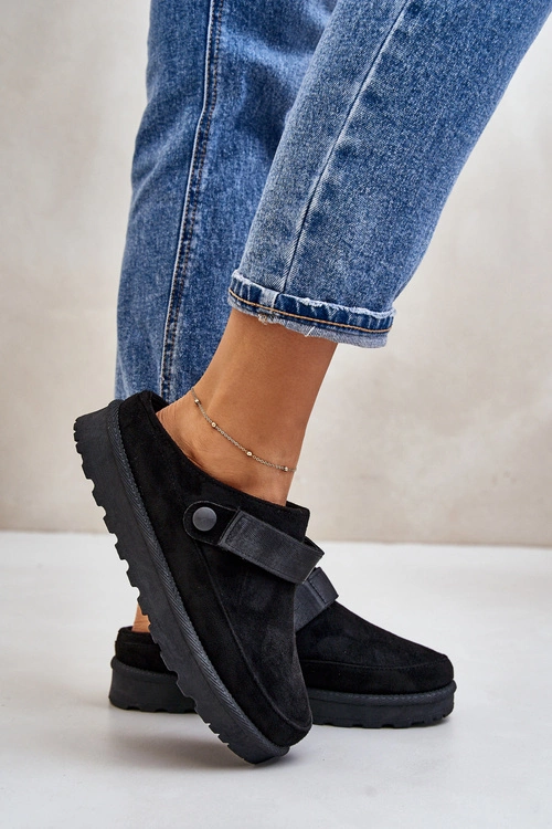 Damskie Kapcie Ocieplane Futerkiem Na Platformie Czarne Azida