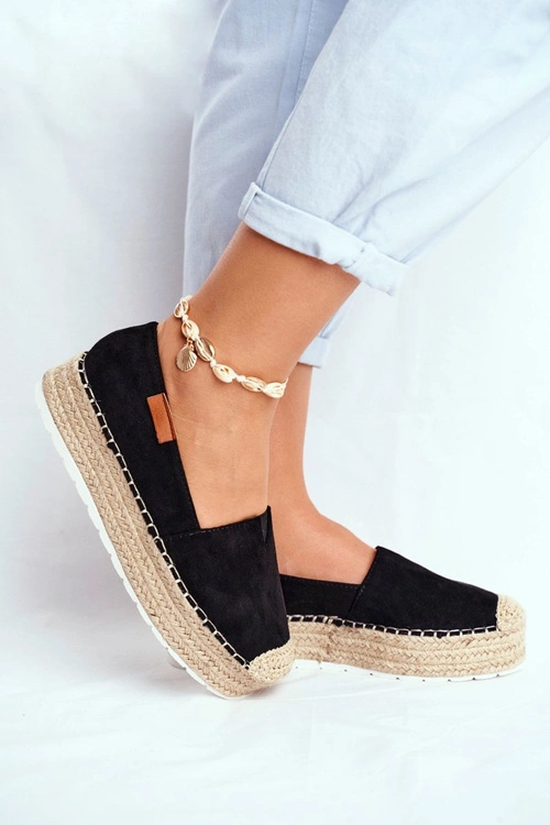Espadryle Damskie Na Platformie Lniane Czarne La Playa