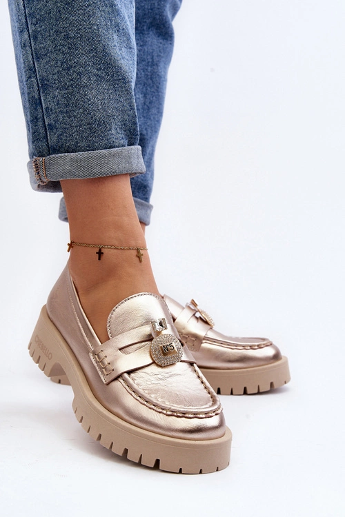 Skórzane Półbuty Mokasyny Z Ozdobą CheBello 4291 Złote