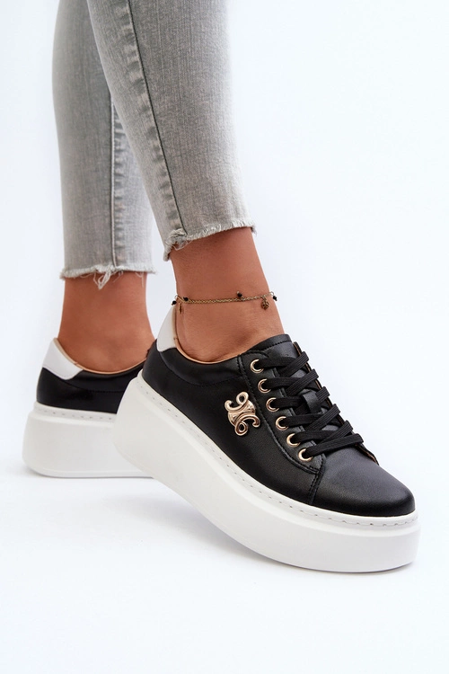 Skórzane Sneakersy Damskie Na Platformie Czarne Pernalia
