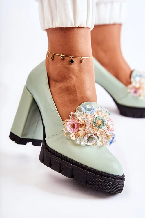 Eleganckie Czółenka Z Ozdobą Gładkie Zielone Caterine - Czarna Podeszwa