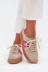 Zamszowe Sneakersy Damskie Na Platformie Beżowo-Różowe Cavira
