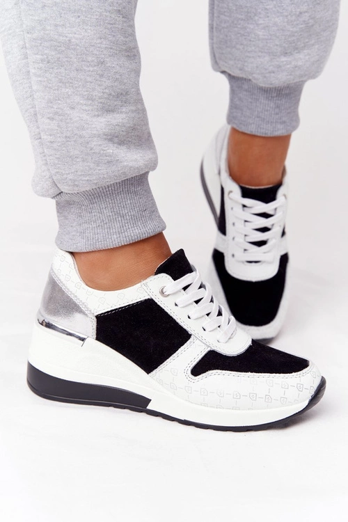 Skórzane Sneakersy Na Koturnie S.Barski Czarno-Białe