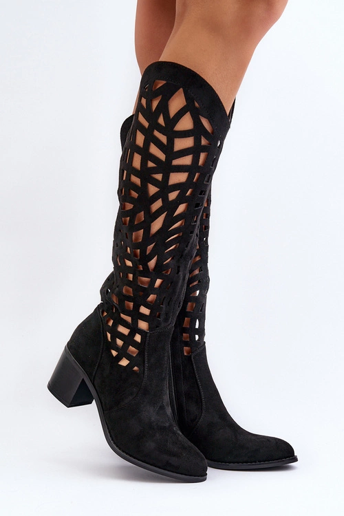 Ażurowe Kozaki Na Obcasie Czarne Pinkema