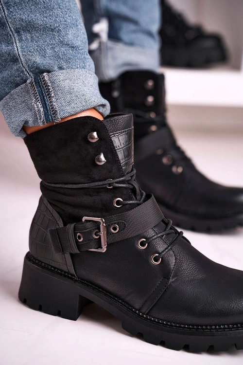 Damskie Ocieplane Botki Workery Czarne Strong