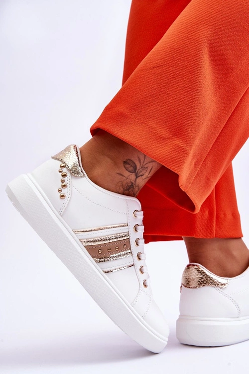 Damskie Skórzane Sneakersy Z Ćwiekami Biało-Złote Dory