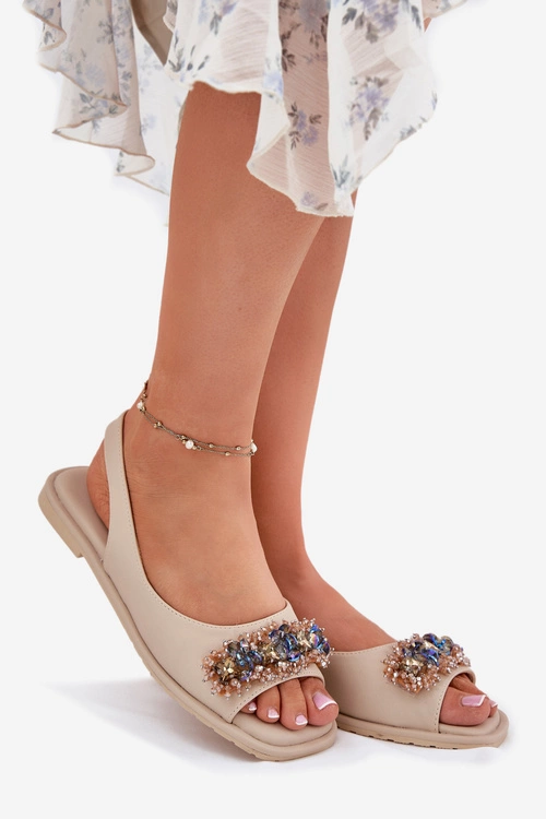 Sandały Damskie Płaskie Z Kryształkami S.Barski KV51-079 Beżowe