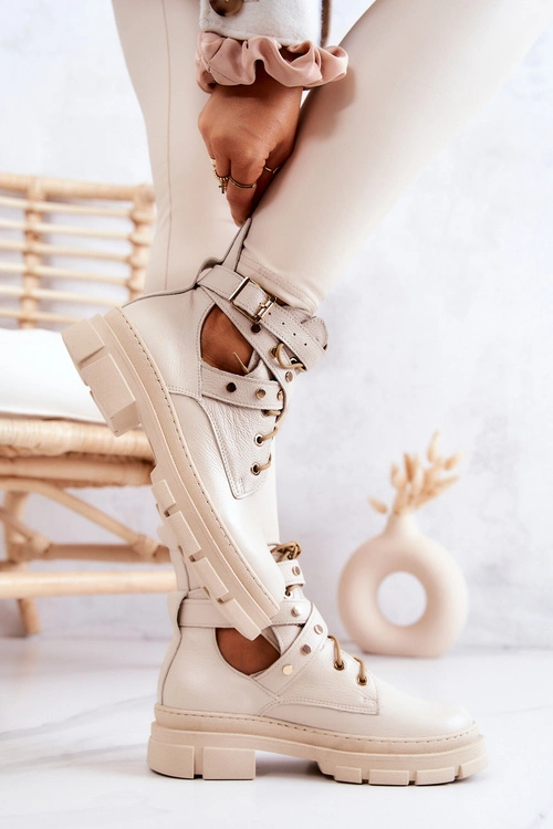 Skórzane Damskie Botki Z Wycięciami Jasnobeżowe Everly