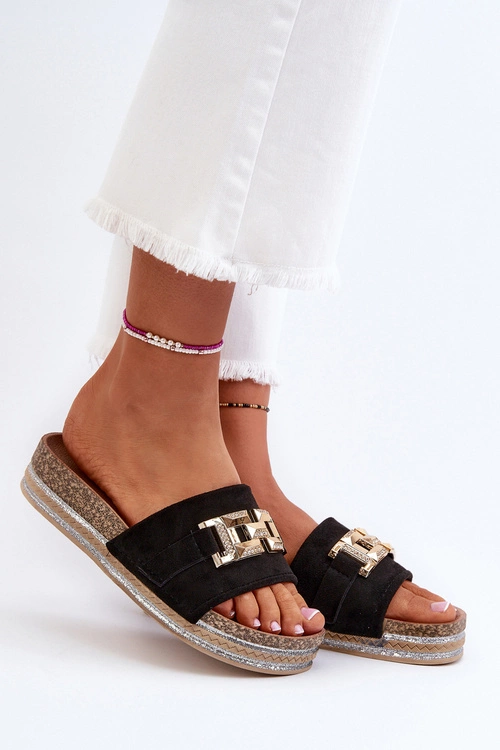 Damskie Klapki Na Platformie Z Ozdobą Czarne Vapireta