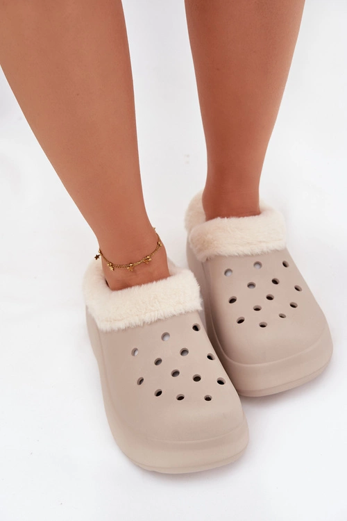 Piankowe Klapki Damskie Ocieplane Futerkiem Khaki Palvine