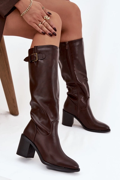 Kozaki Damskie Na Słupku Z Klamrą Czekoladowe Brenira