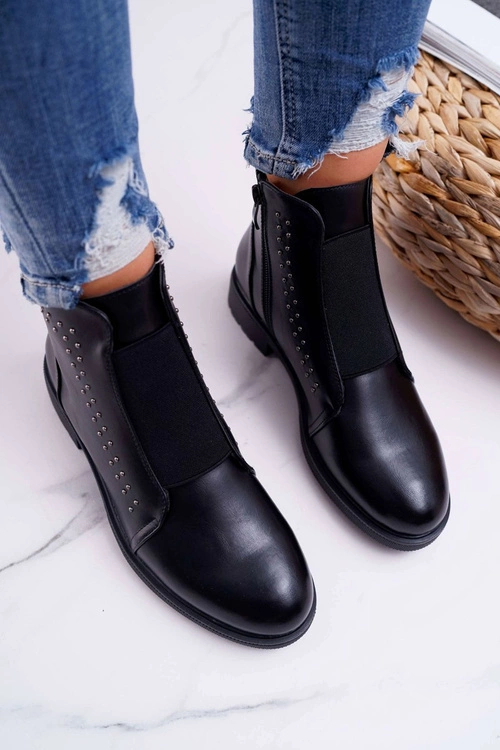 Botki Damskie Płaski Obcas Nity Czarne Sergio Leone BT519