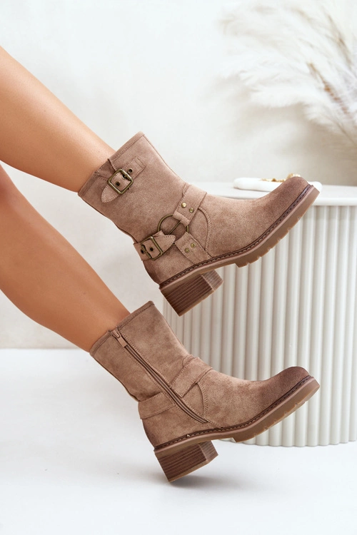 Botki Damskie Na Niskim Obcasie Z Klamrami Ciemnobeżowe Zudra