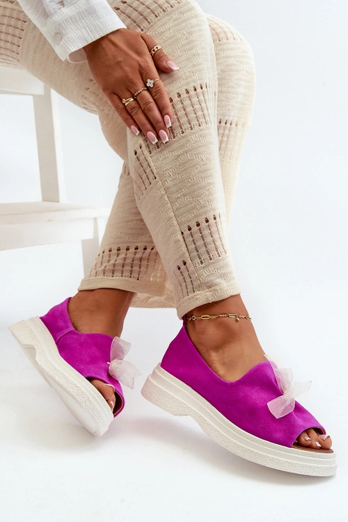 Zazoo 2939 Zamszowe Sandały Damskie Z Kokardką Fuksja