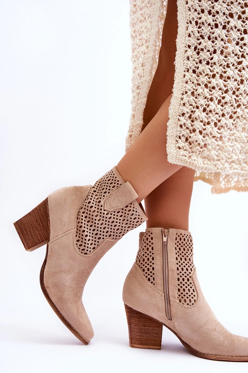 Damskie Zamszowe Kowbojki Botki Na Słupku Beżowe Norvella