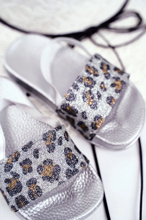 Dziecięce Klapki Dziewczęce Brokat Leopard Srebrne Rimia