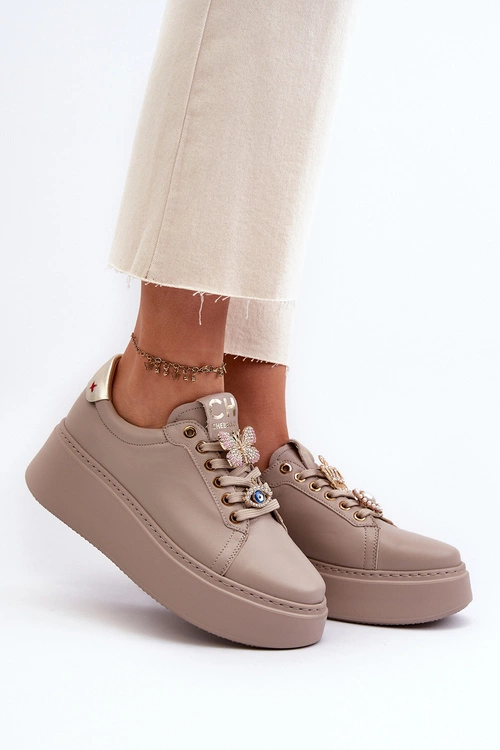 Damskie Skórzane Sneakersy Z Ozdobami CheBello 4292 Beżowe