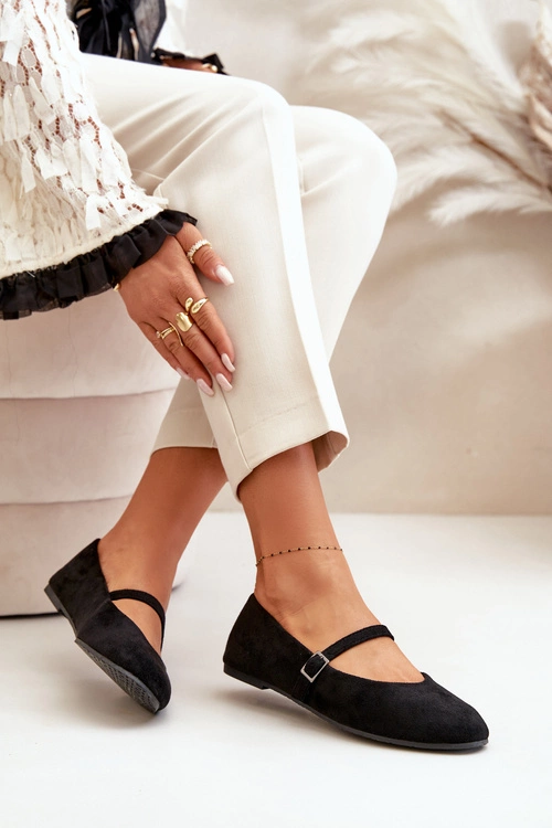 Płaskie Baleriny Z Paskiem Eko Zamszowe Czarne Tirilina