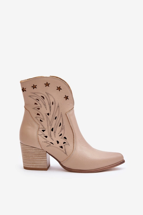 Ażurowe Botki Kowbojki Skórzane Na Słupku Lewski 3613 Beżowe
