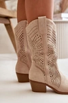 Ażurowe Damskie Botki Kowbojki Na Obcasie Beżowe Iceda