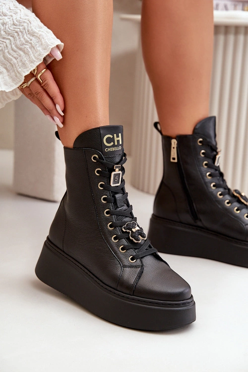 Damskie Skórzane Botki Workery Z Przypinkami Czarne CheBello 4294